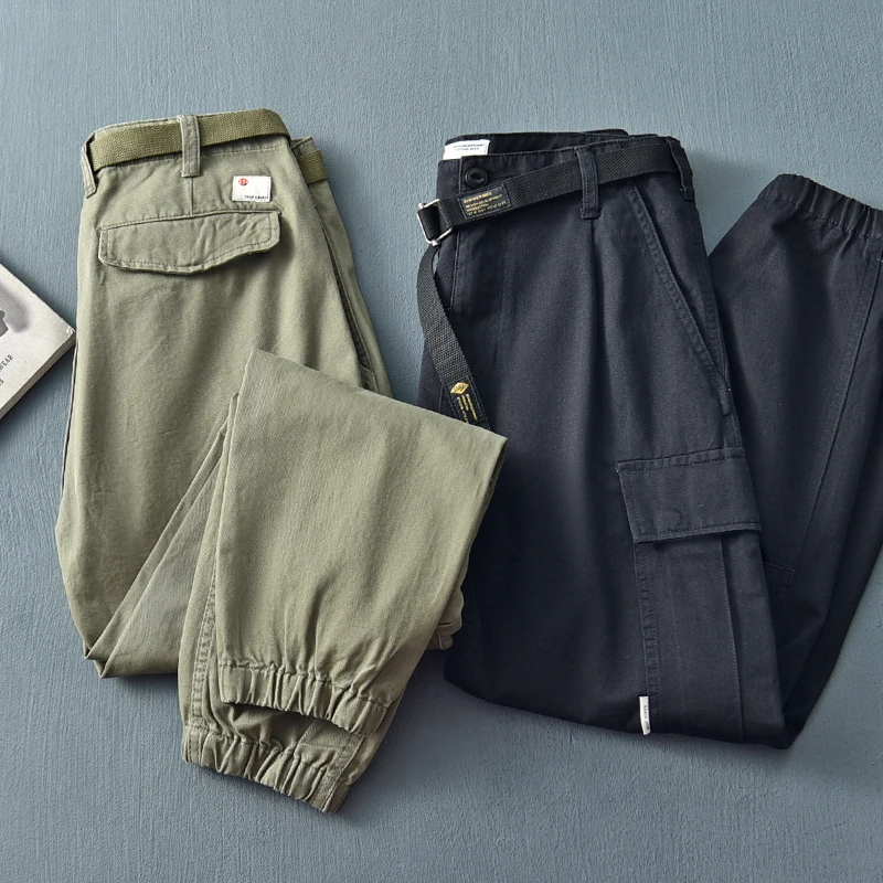 100% Cotton Tailored Panel Workwear Pants - Men's Straight-Leg Japanese Style Chino Pants Cargo Pocket Detail & Tapered Cuff