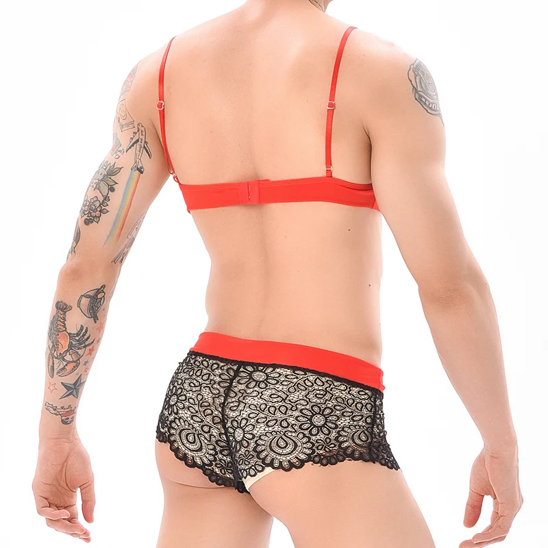 Lingerie erótica com maricas para homens, veja através da malha, Roupa íntima gay de renda, sutiã masculino, Boxers transparentes, Fetiche erótico