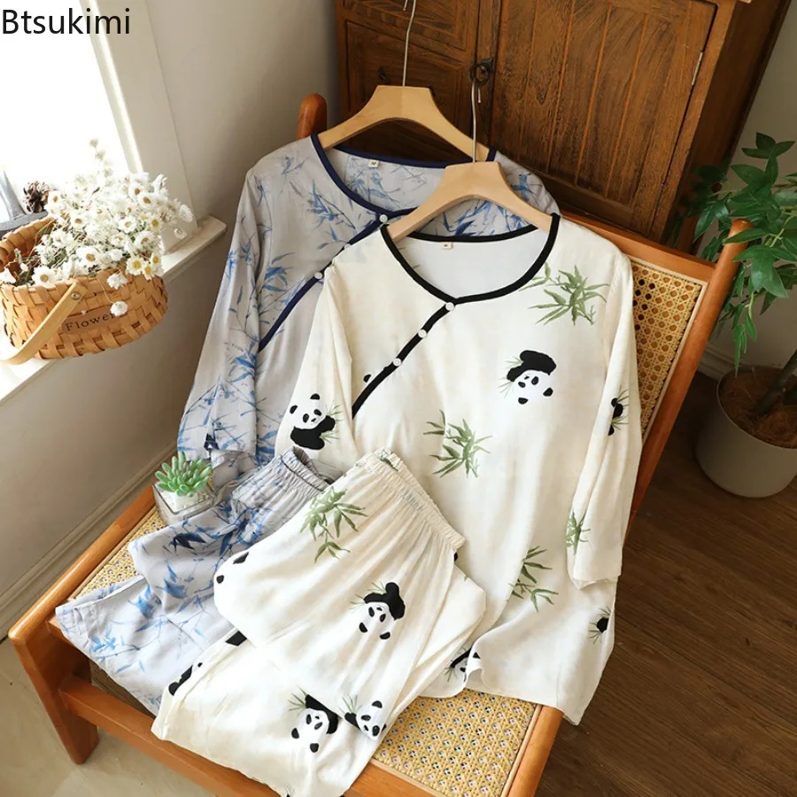 2025 Summer Women's Pajamas 2 Pcs Set Chinese Ancient Style Women Sleepwear Home Suit Short Sleeved Shorts Round Neck Pijamas