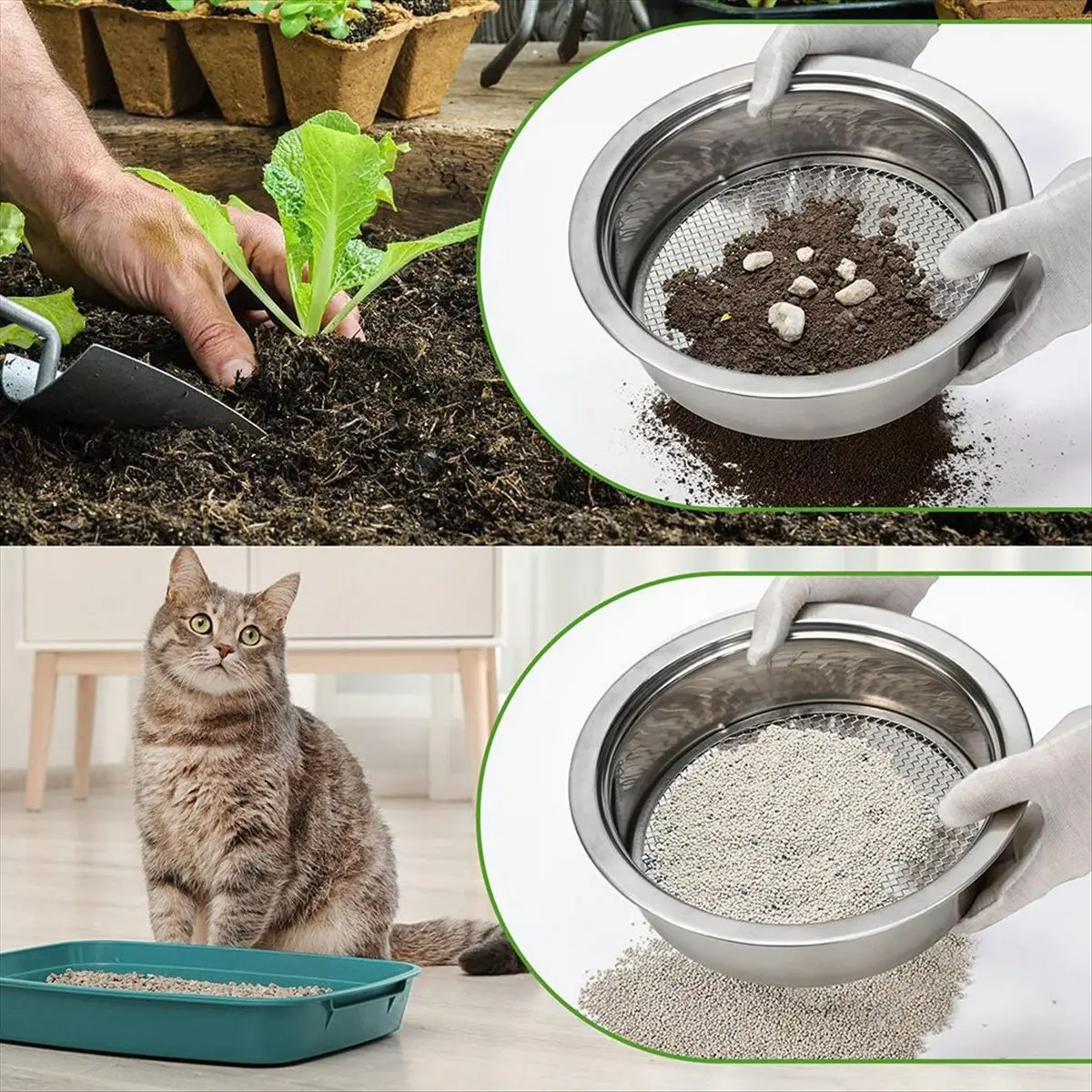 

A08I New Soil Sieve Set Garden Stainless Steel Mesh Sifter,Compost Sifter with 1,3,6,9,12mm Sieve Mesh and Bonsai Soil Scoop