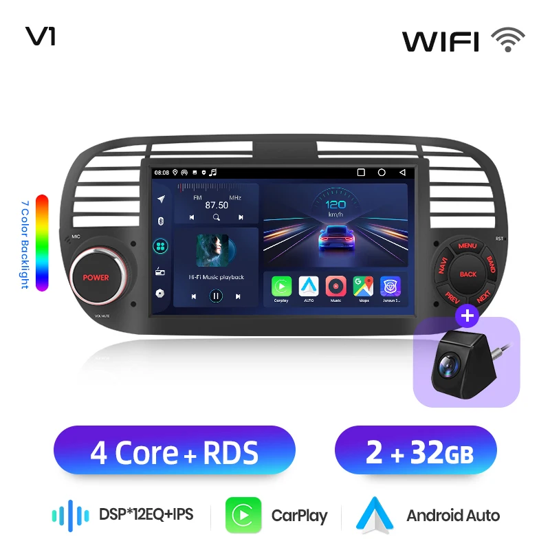 Junsun 7 inch draadloze CarPlay Android Auto autoradio voor Fiat 500 500C Abarth 2007-2015 Multimedia draadloze Apple CarPlay Smart Intelligent Systems IPS touchscreen stereo videospeler 2 Din