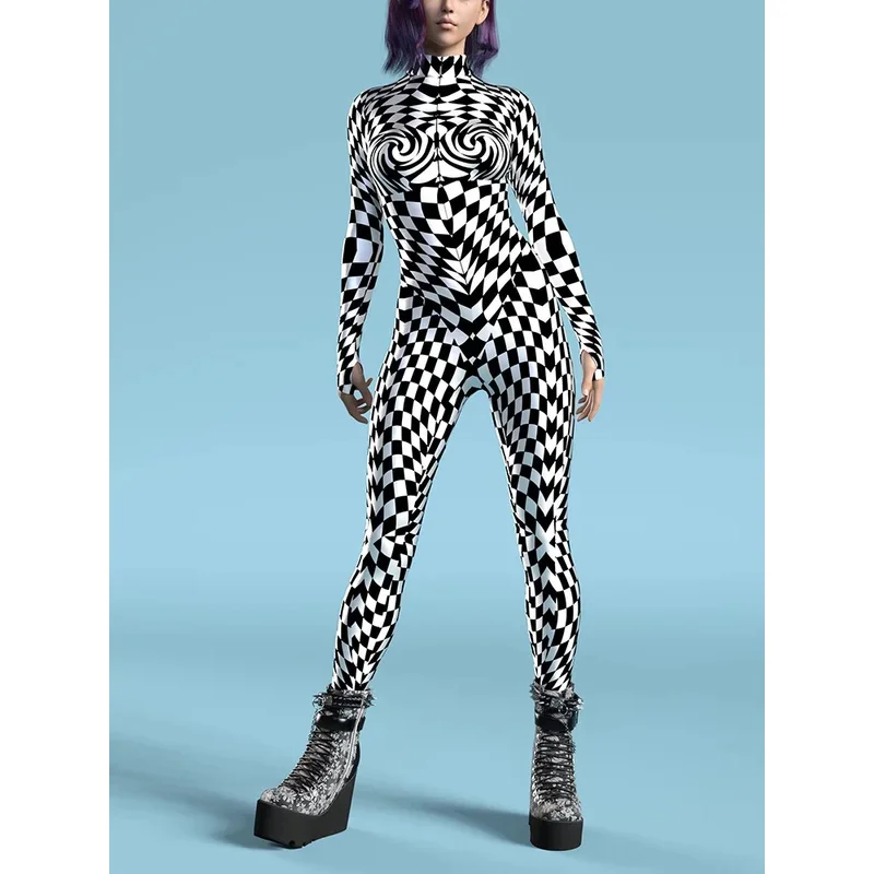 أبيض وأسود نمط Zentai البدلة هالوين تأثيري Morphsuit النساء الهذيان داخلية حللا الجوارب كرنفال حفلة تنكرية