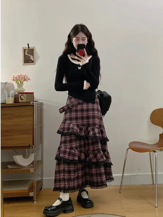 

plus Size Women's Knitted Fce Lined Asymmetrical Skirt High Waist Plaid Cake Sle Autumn New Arrival Korean Loose Fit