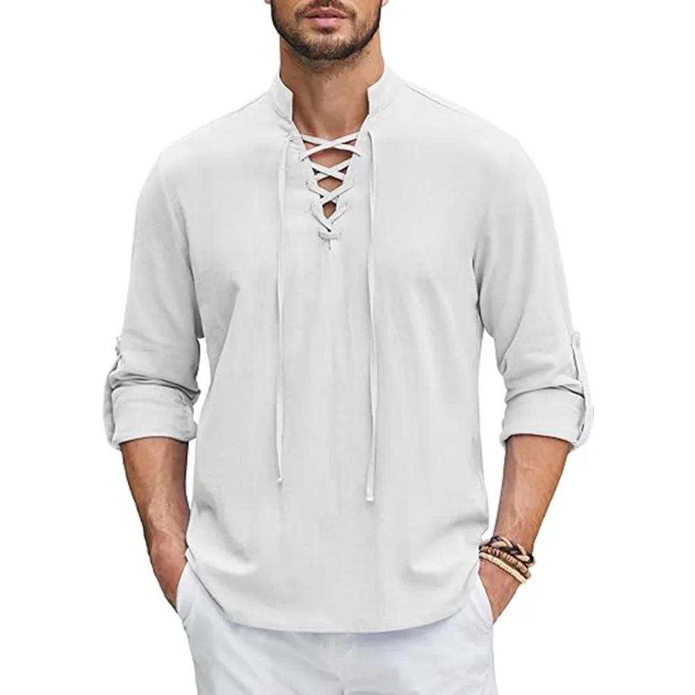 Men\'s Renaissance Shirt Pirate Medieval Viking Tops Solid Cotton Linen Stand V-neck Shirts Men Long Sleeve Halloween Costume