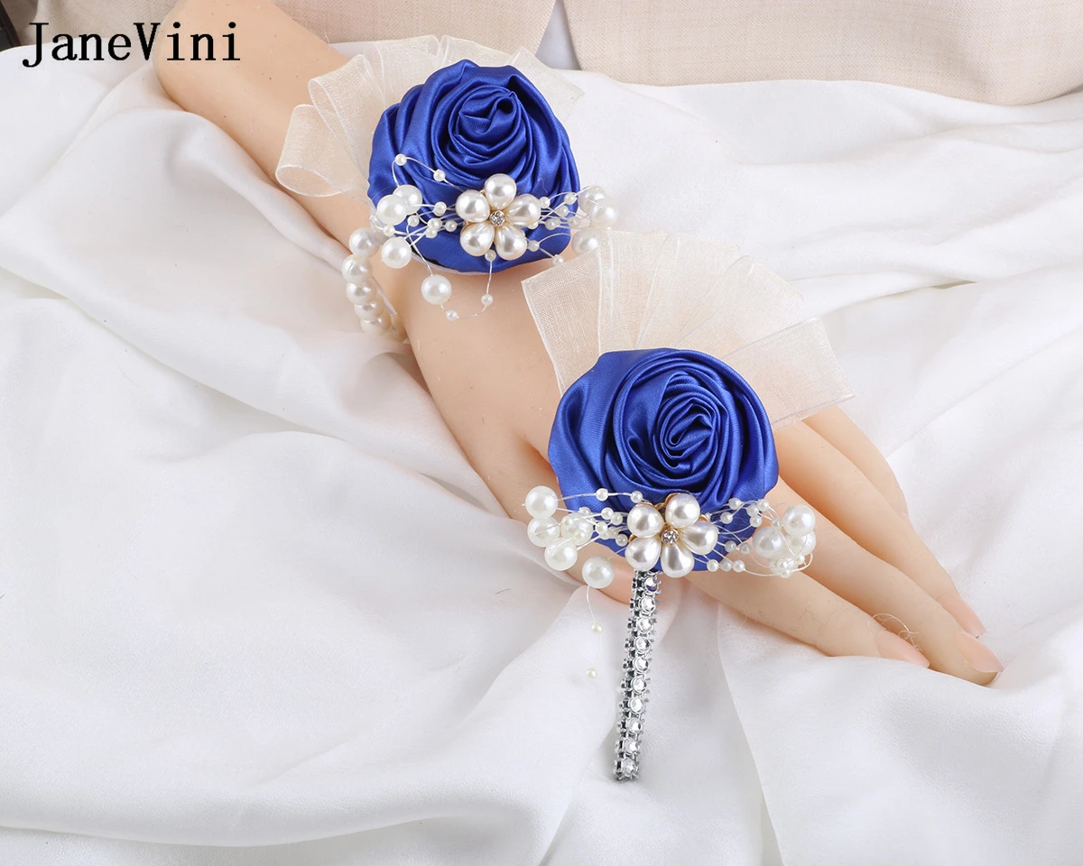 JaneVini Luxury Beaded Royal Blue Boutonniere Mariage Homme Blue Pearls Groom Corsages Ceremony Wedding Men's Brooch Buttonhole