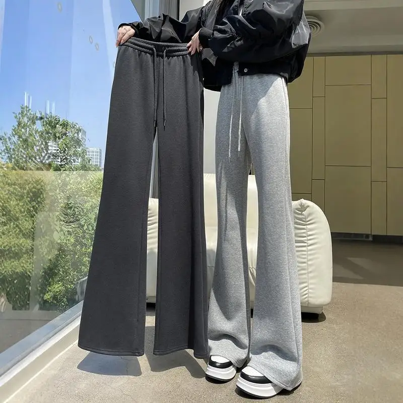 

Gray Fleece Lined Micro Flared Pants Women's High Waist Slim Fit Casual Sports Pants Small Size Loose Fit Sweatpants