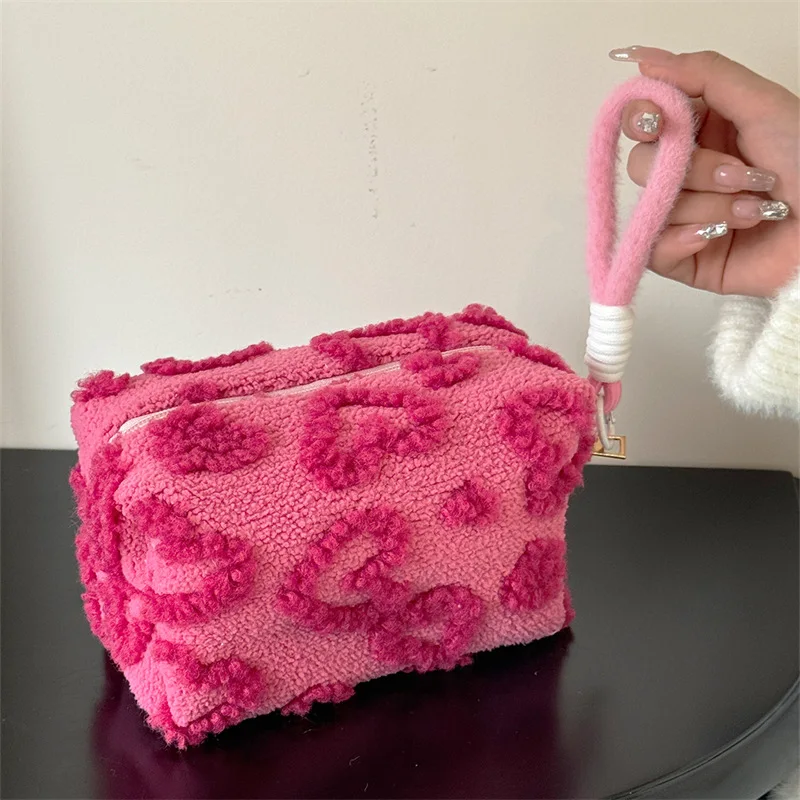 Lambswool Small Cosmetic Bag with Handle Love Plush Makeup Organizer Pouch Kawaii Pencil Case Women Clutch Bags Travel Storage