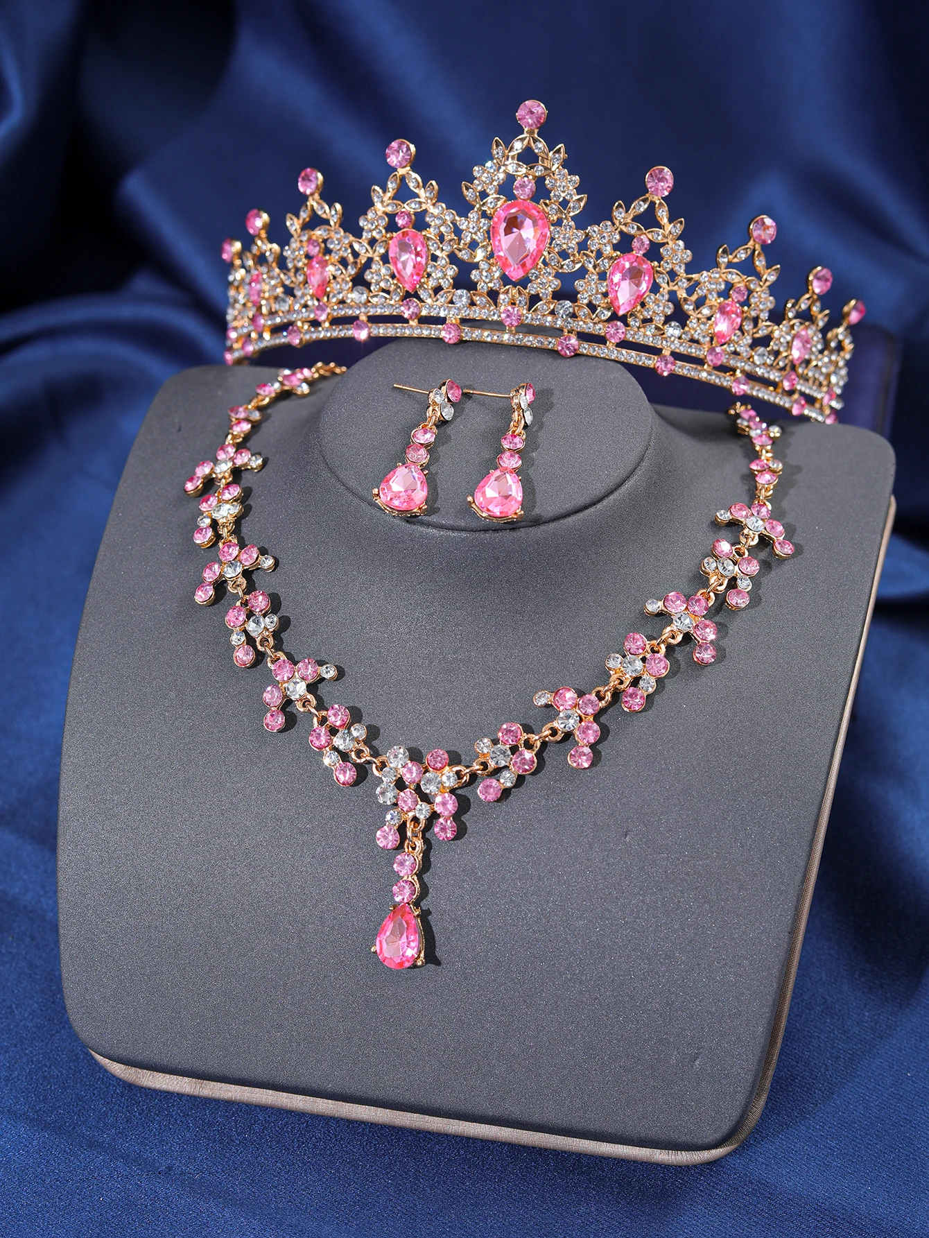 4. elegante Strass Königin Wasser Diamant Krone Ohrringe Halskette Zubehör Set Braut Hochzeit Kopfbedeckung Haarschmuck Gorg