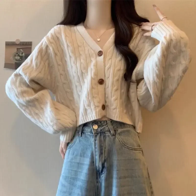 

Autumn Winter Loose Lazy Style Long Sleeve New Open Cardigan Pure Color Button New Vintage Twist Neck Sweater Women's Outerwear