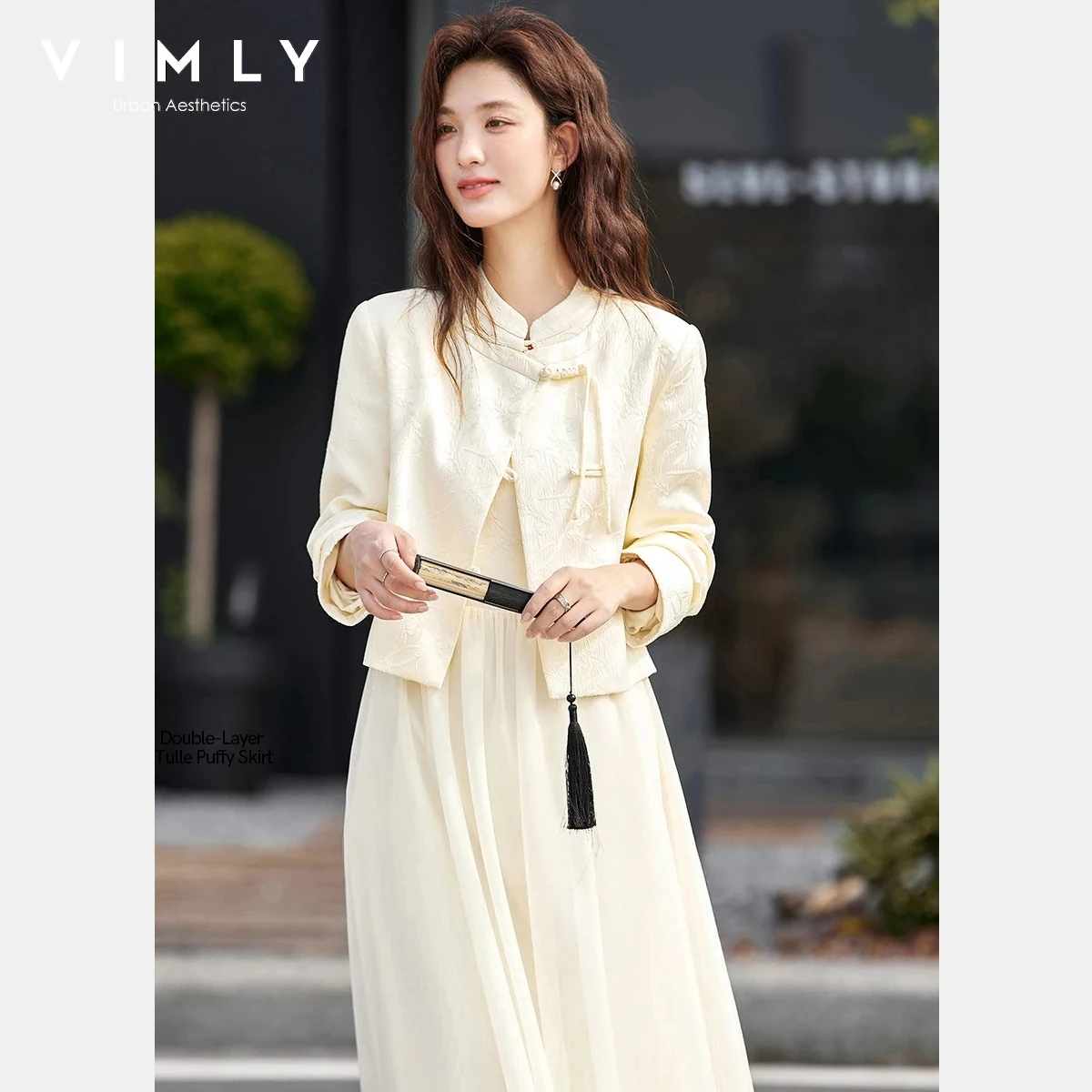 

Женский комплект платьев Vimly, осень 2023, новый китайский стиль, абрикосовое жаккардовое пальто с цветочным принтом и длинное платье, элегантные одинаковые комплекты A2663