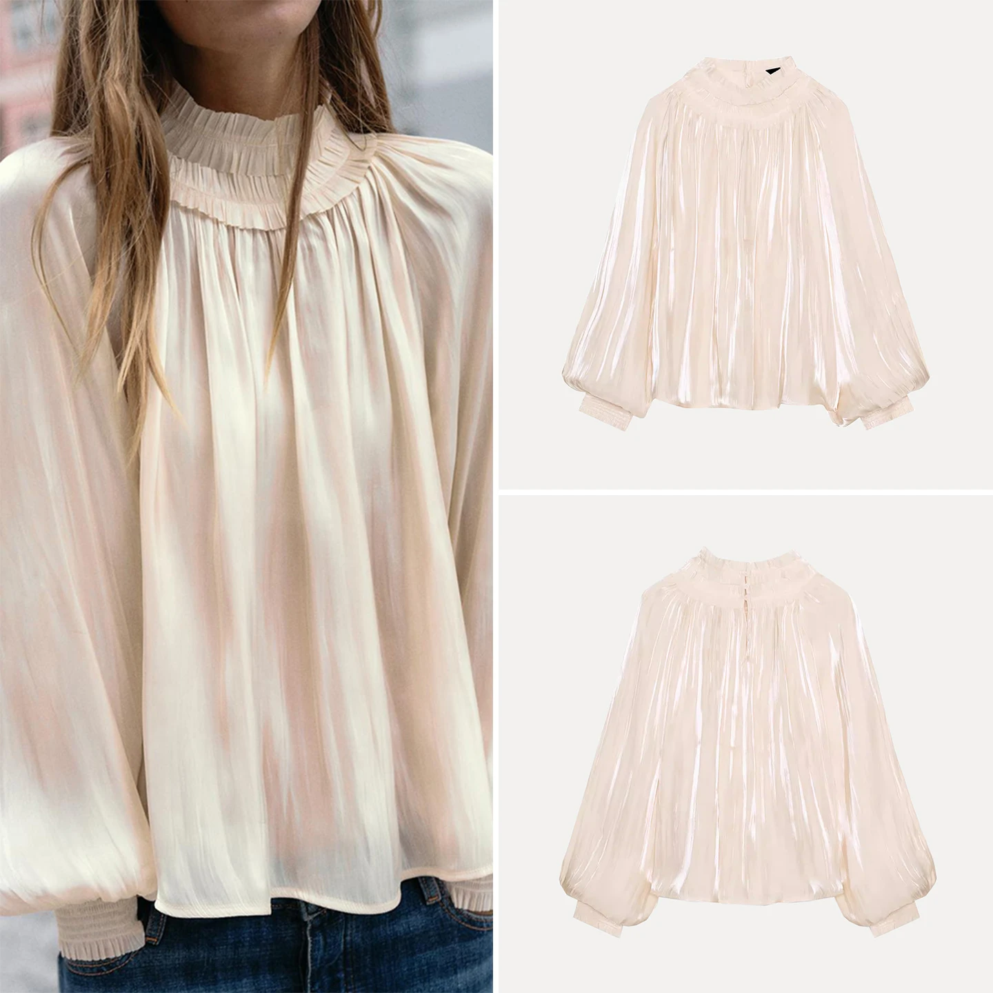 

Faionable Long Sve round Ne iny Texture Women's irt Spring 2026 Casual Sle Loose Fit Z Ladies' Blouse