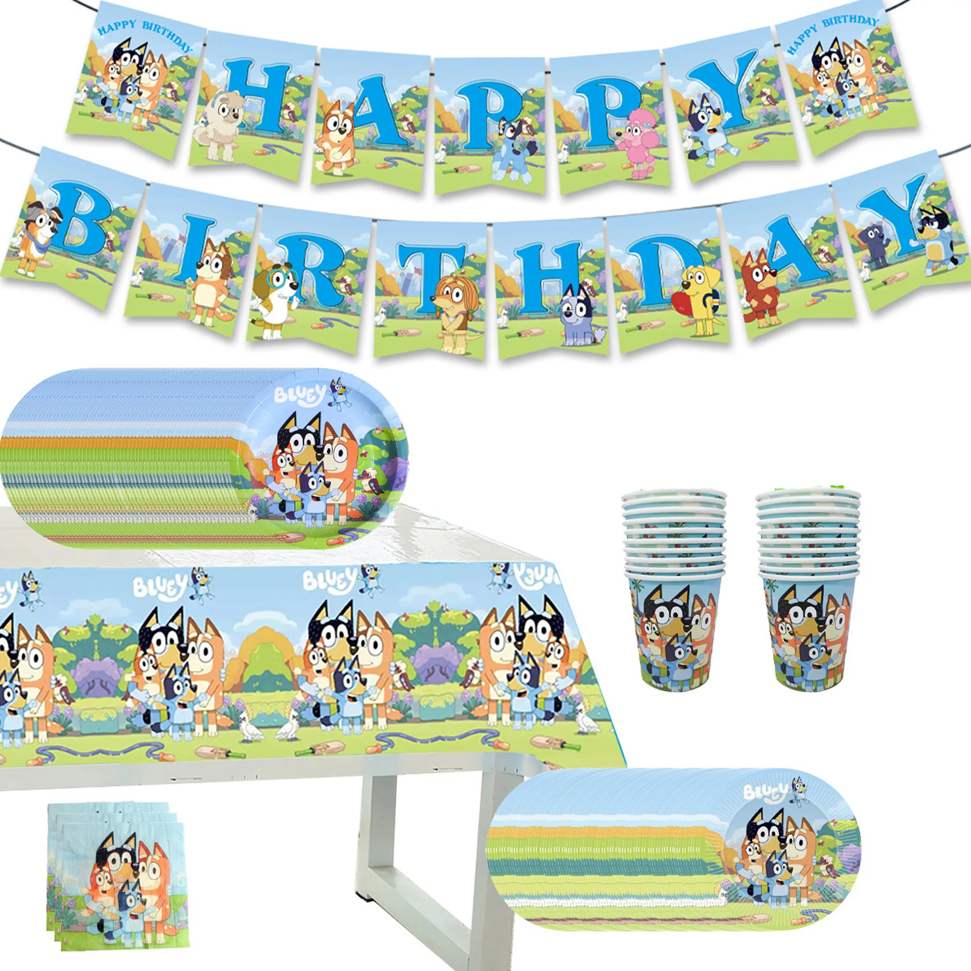 Décoration de fête d'anniversaire Bluey, ballons en feuille et en latex pour enfants, fournitures pour événements, vaisselle jetable, bannière, toile de fond, thème chien, cadeau