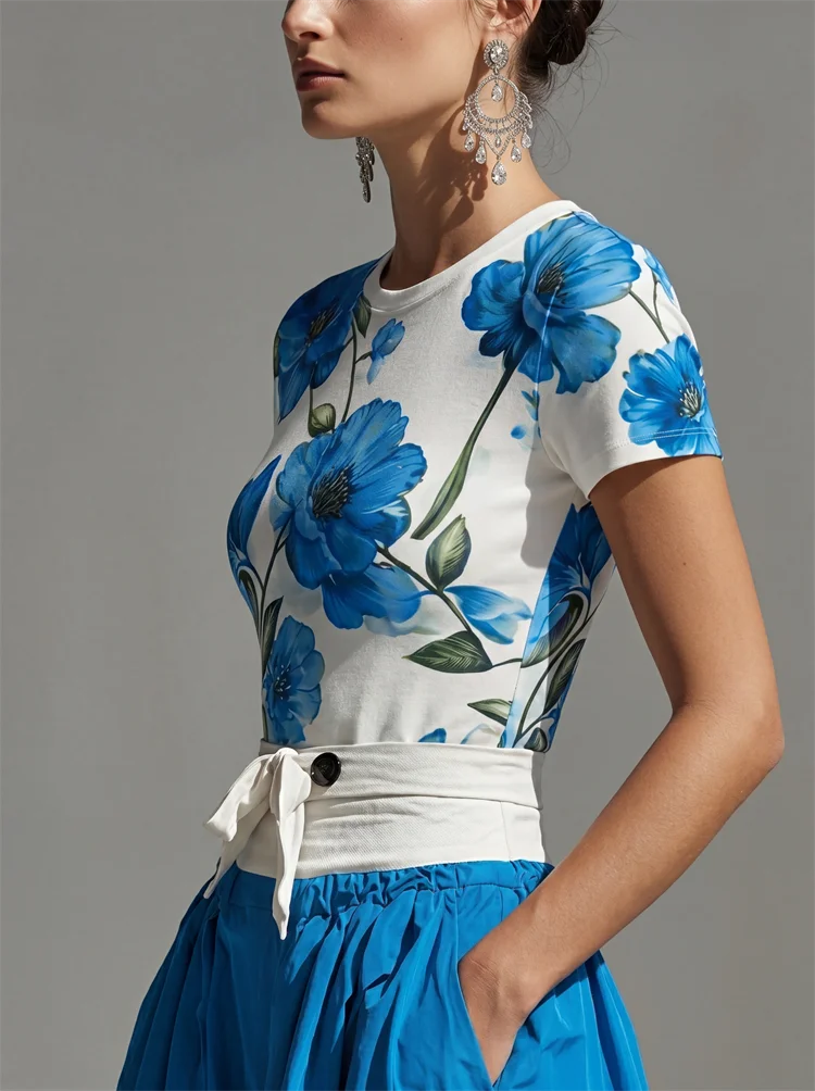 Yeezzi Damen Elegante Blaue Blumenmuster-Oberteile 2026 Neu Kurzarm Rundhals Slim Fit Lässige Sommer-T-Shirts – Detail 8