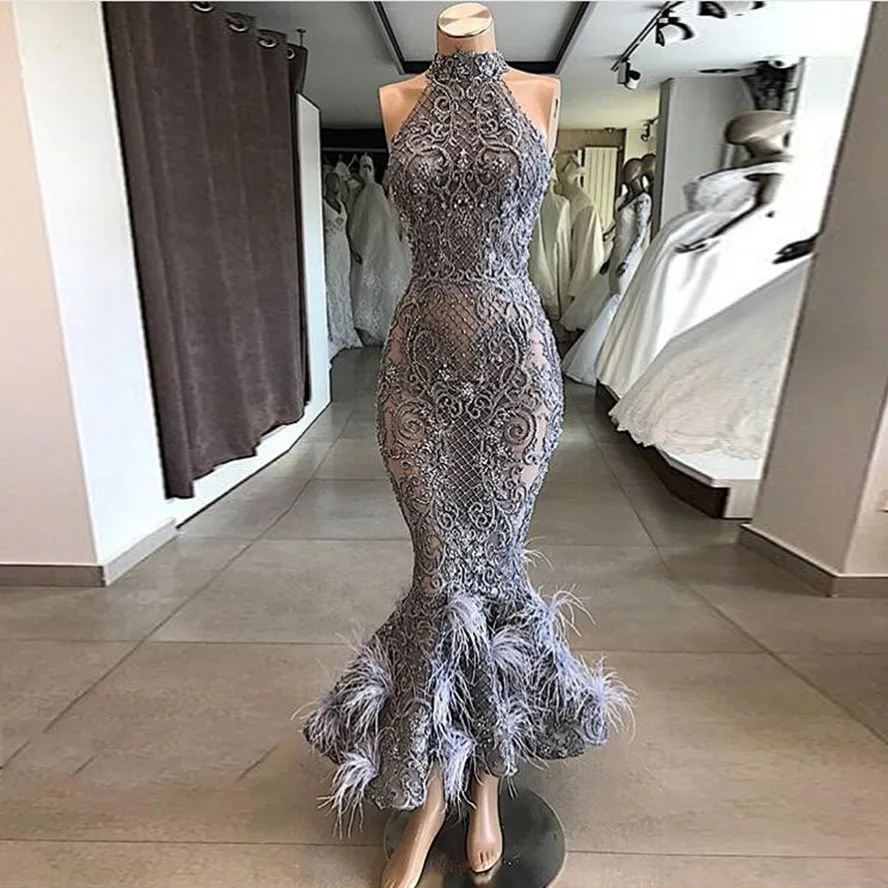 

Grey Lace Beaded Prom Dress Mermaid Formal Evening Dress Luxury Feather Party Dress Custom