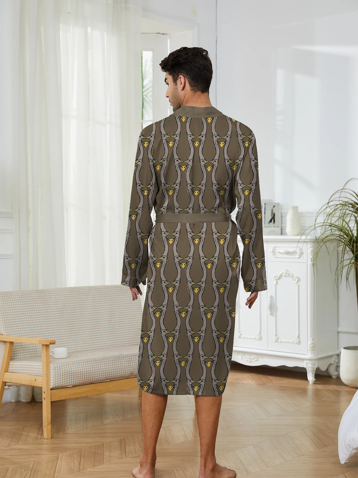 남성용 로브 신상 3D 프린팅 타조 무늬 봄 가을 얇은 스타일 속건성 피부 친화적인 홈웨어/잠옷