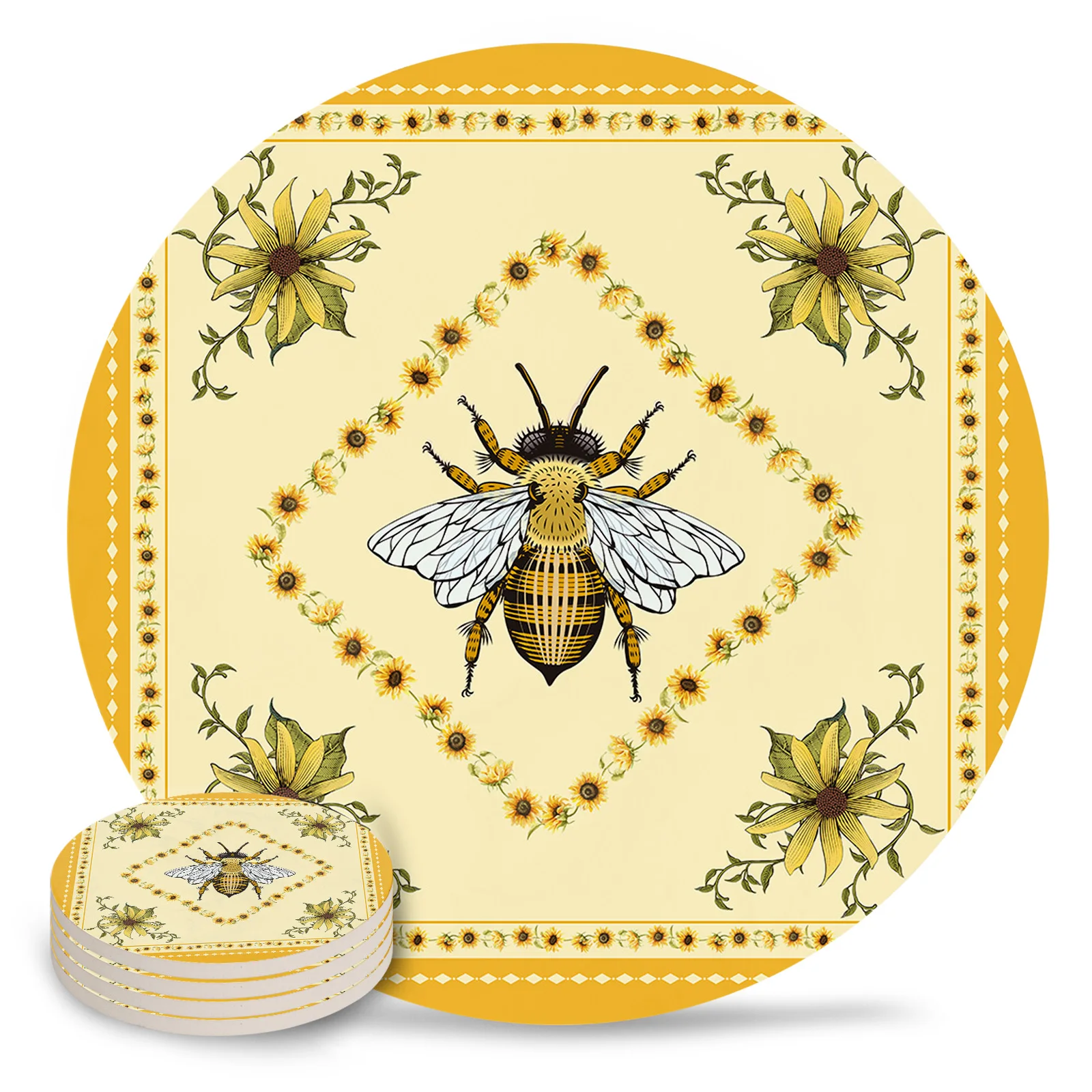 Idyllic Sunflower Bee Ceramic Coaster Set Kitchen Table Round Placemat Luxury Decor Coffee Tea Cup Coasters