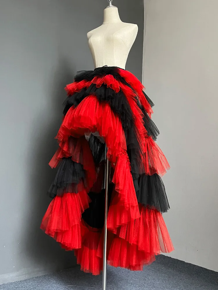 Black and Red Mixed Gradient Small Tail Long Beach Photography Activity Mesh Half-Body Fluffy Cake Dance Skirt