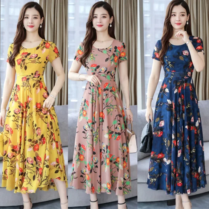 Slimming Women's Long Dress 2024 New Style Round Neck Short Sleeves Supernatural Flowers Large Scatter Over Knees