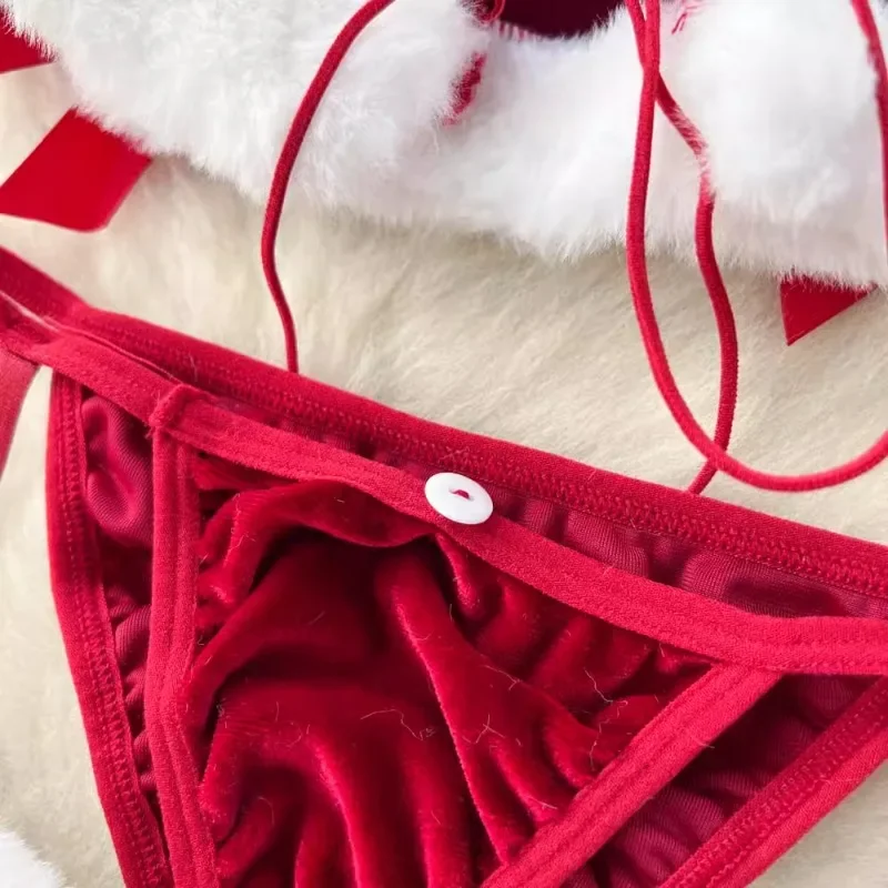 Sweet Red Bunny Lingerie Underwear Set Women Sexy Soft Plush Cute Bowknot Sweet Nightgowns Christmas Rabbit Cosplay Costumes New image 4