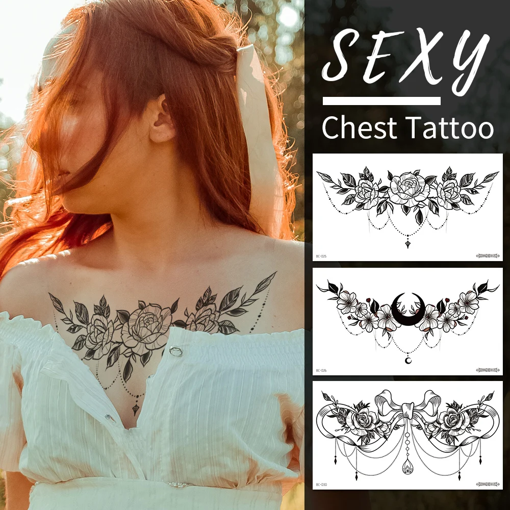 

1PCS Sexy Chest Flower Temporary Tattoos For Women Tattoo Body Art Painting Arm Legs Tattoos Sticker Fake Rose Waterproof Tatto