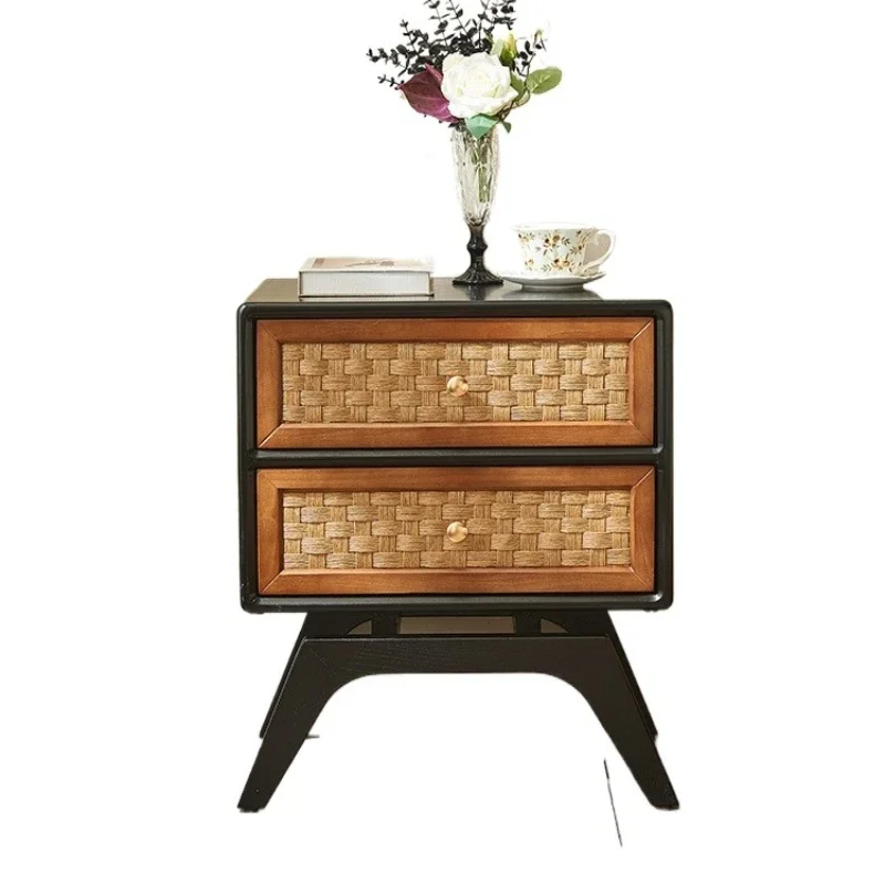 Solid wood rattan bedside modern simple bedroom storage locker, small apartment household mini small locker