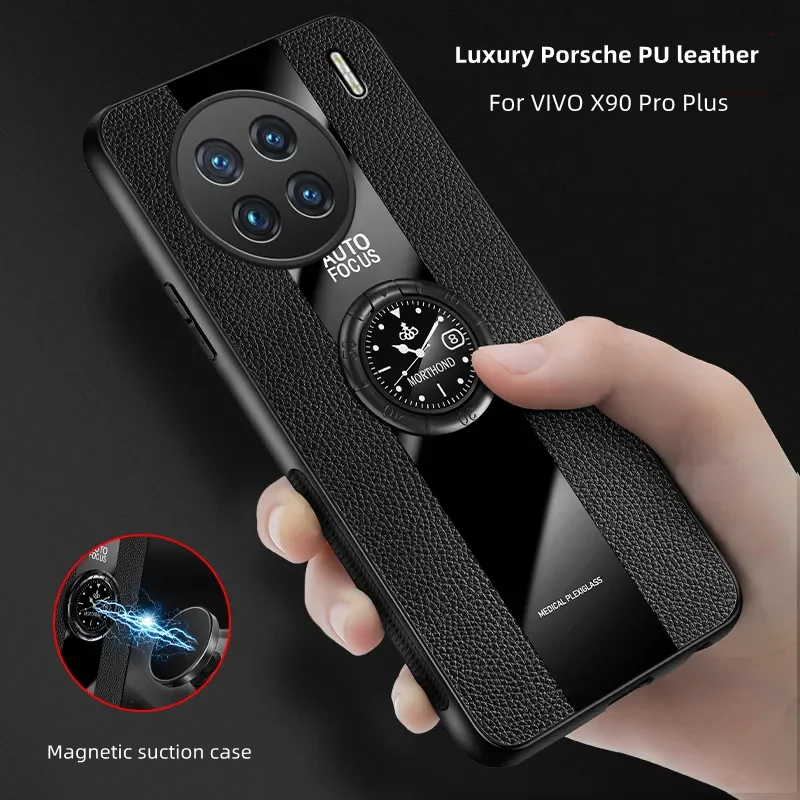 

Car Mounted Magnetic Case For VIVO X90 Pro Plus Cover Luxury PU Leather Shockproof Bumper For VIVO X90 X80 Ring Bracket Case