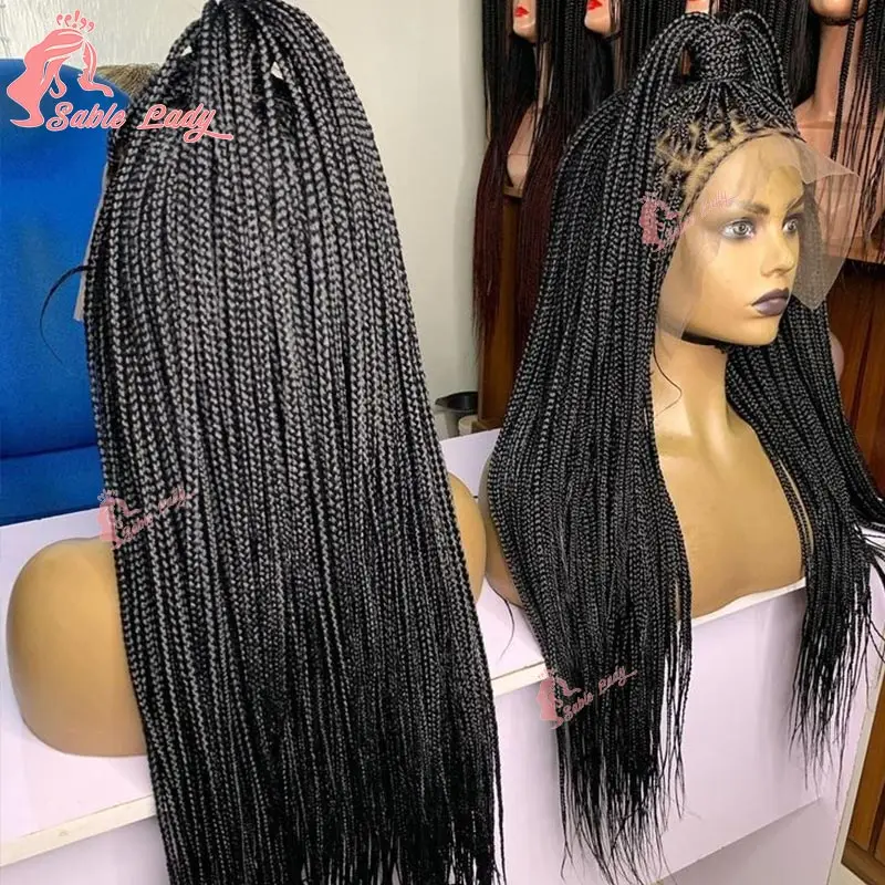 Wig kepang kotak panjang 36 inci sintetis renda penuh tanpa simpul kotak persegi Wig kepang untuk WANITA HITAM Boho penggunaan sehari-hari Wig kepang