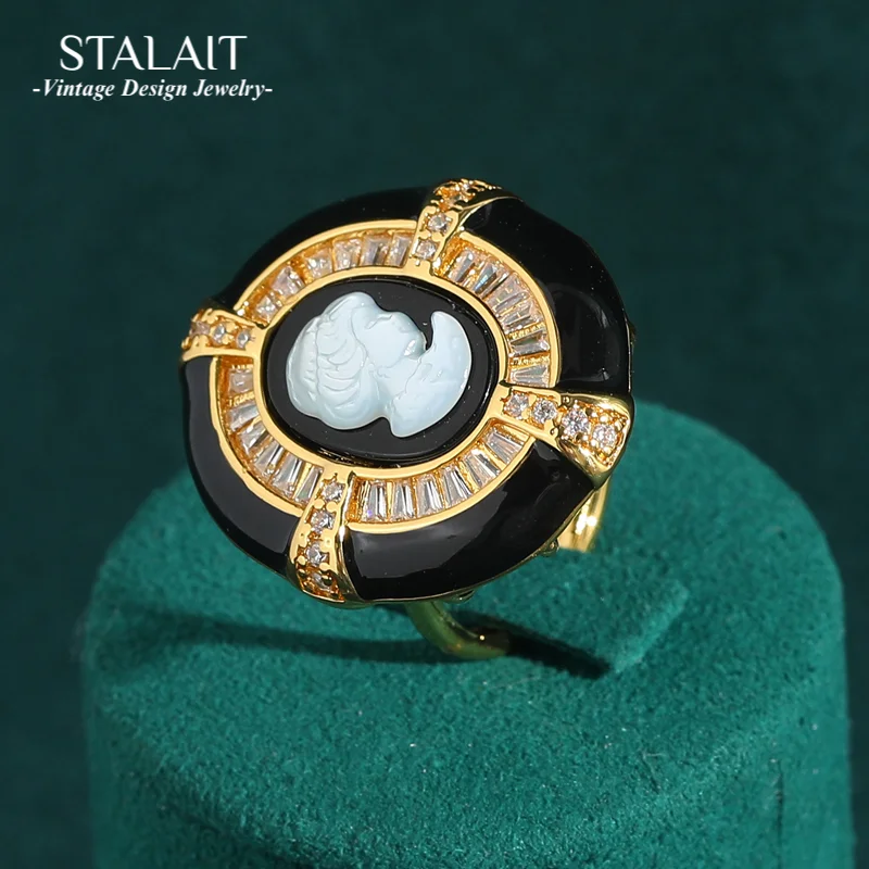 

Vintage Oval Black Enamel Figurine Rings Set with White Cubic Zircon Relief Beauty Head French Craftsmanship Gold Color New In