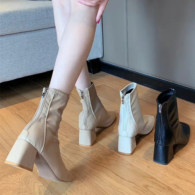 

British Style Square Head Boots Women's Slim High Heels Short Boots Increased Height Spring Autumn New Arrival