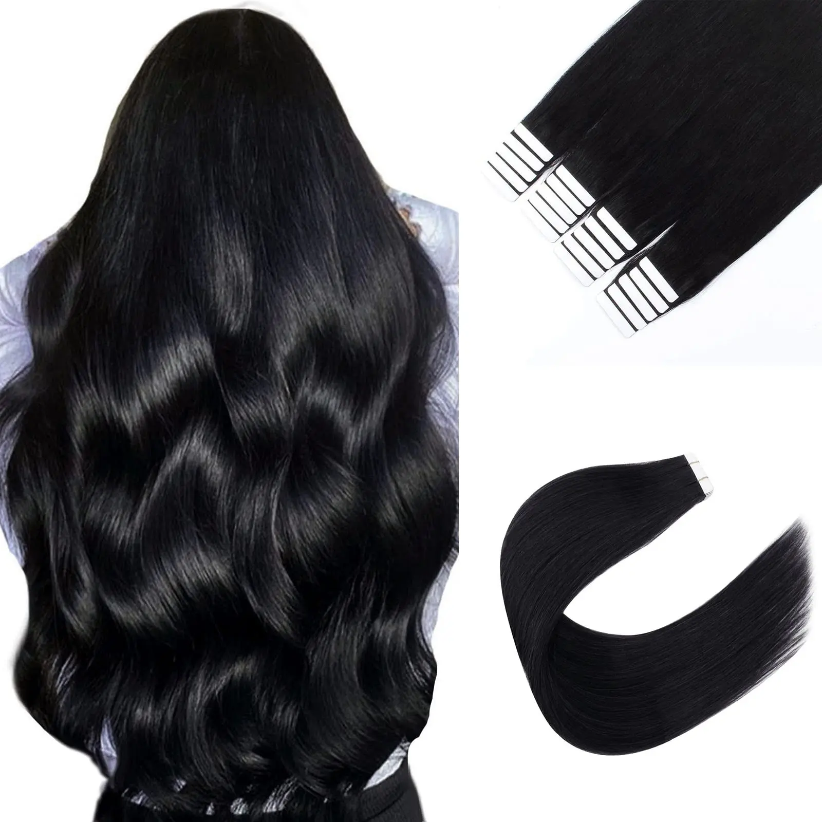 

Natural Black Hair Extensions Human Hair Silky Straight Remy Human Hair Extensions Color 1 Jet Black 18inch Tape In Hair