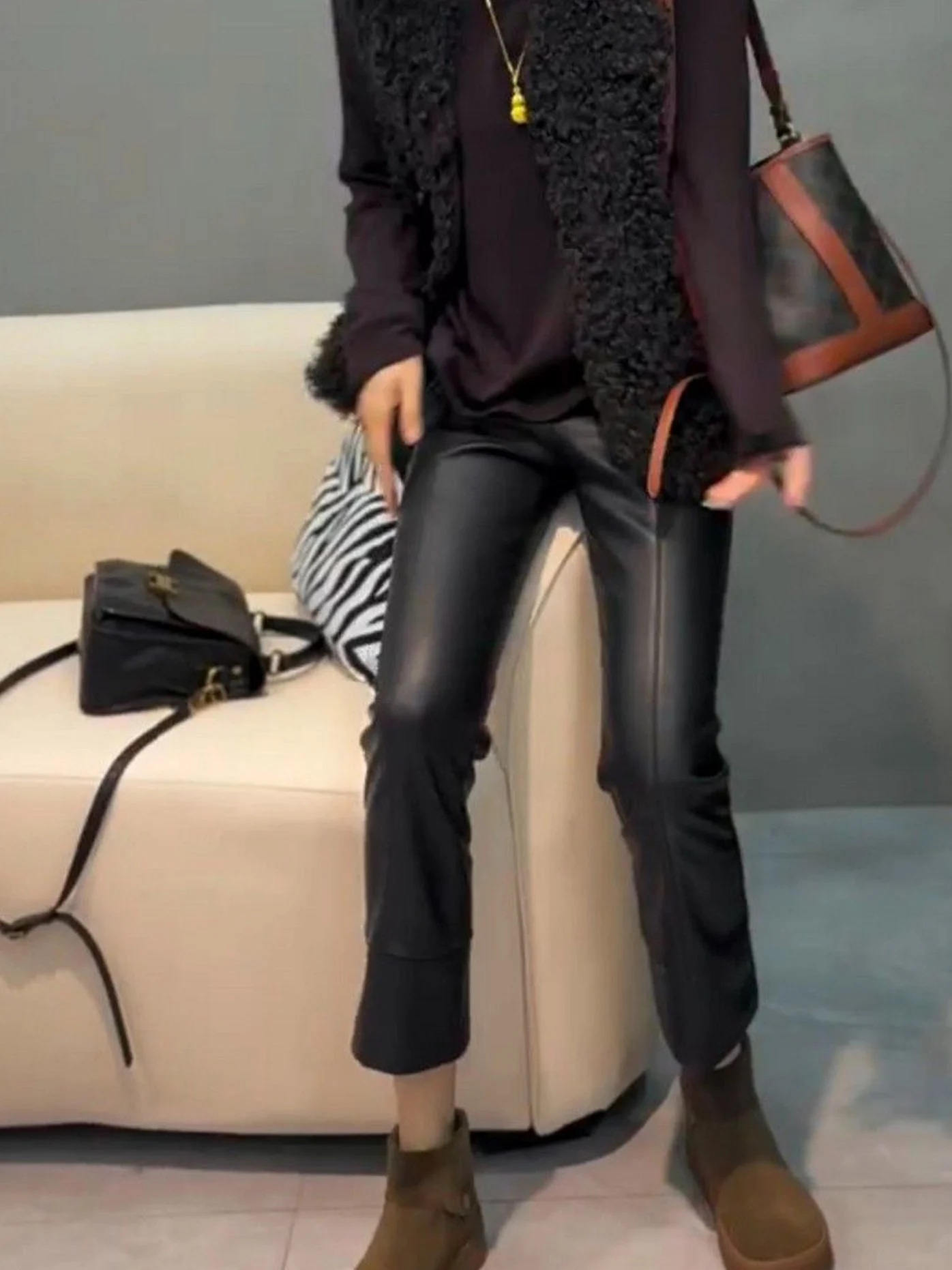 Slimming Casual Tapered Pants Women's Fashioned Coated Matte Fleece Micro Flared Nine Points Trendy High Waist Loose Fit