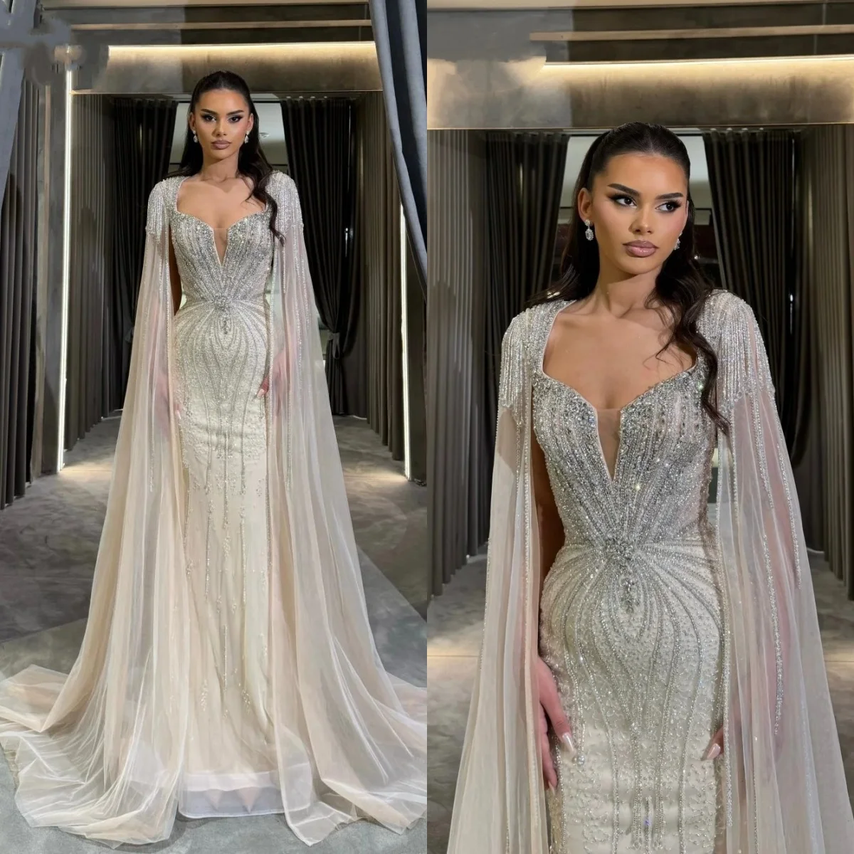 

Luxurious Mermaid Wedding Dress Square Neck Crystal Sequins Bride Gowns Beaded Detachable Sweep Train Bridal Dresses Customized