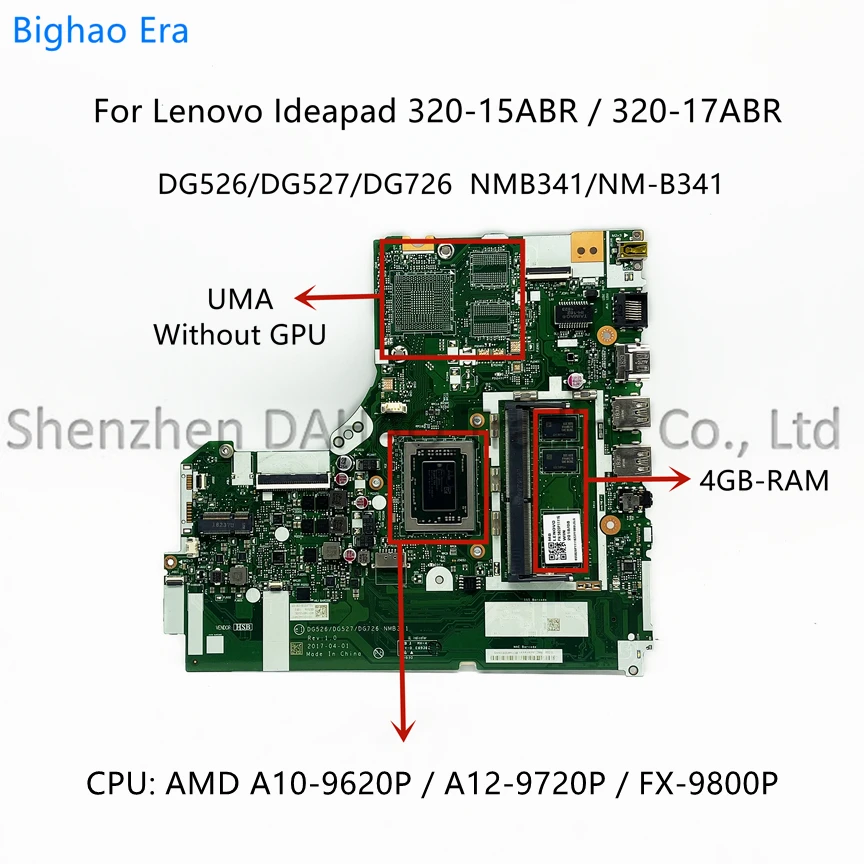 NMB341 NM-B341 For Lenovo Ideapad 320-15ABR 320-17ABR Laptop Motherboard With A10 A12 FX-9800 CPU 4GB-RAM DDR4 FRU:5B20P11116