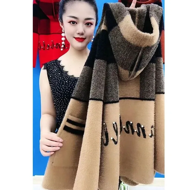 Mother's Faux Mink Velvet Short Coat Women Autumn Winter New Jackets Hooded Padded Fashion Knitted Cardigan Outerwear Female Top