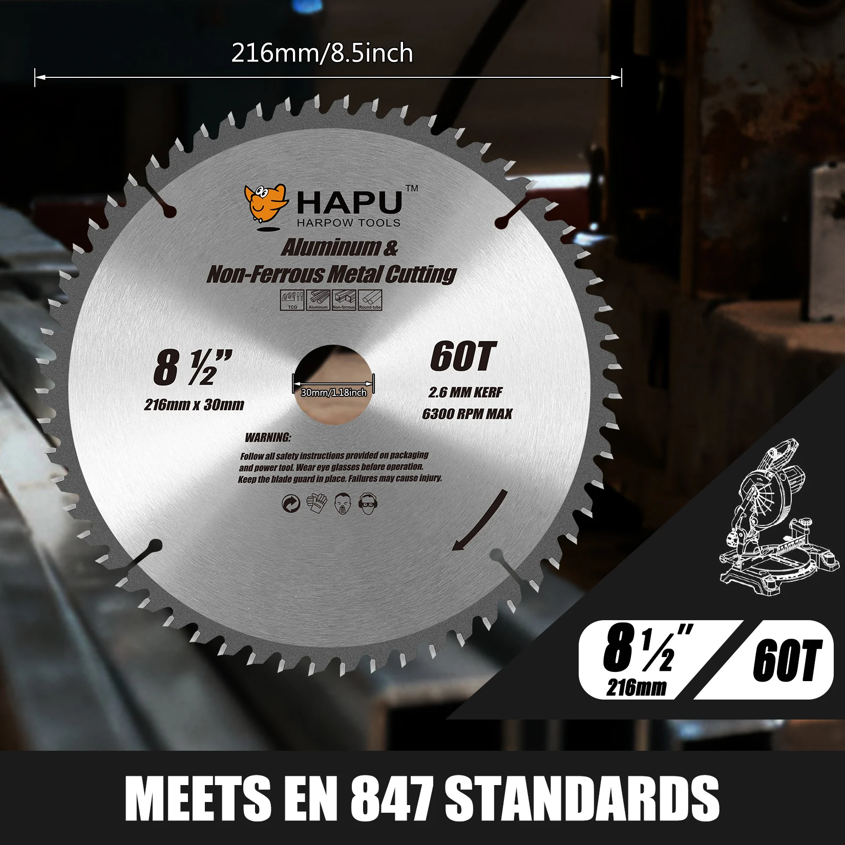 8-1/2 Inch Aluminum Cutting Circular Saw Blade 60 Tooth Non-Ferrous Metal Cutting Blade with 30mm Arbor 2.6mm Kerf 6300 RPM MAX