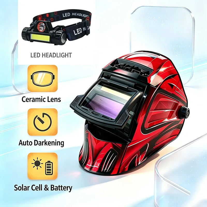 Auto Darkening Welding Helmet with LED Headlight, Flip Up Design True Color Solar Powered Welding Mask for TIG MIG Arc Welding