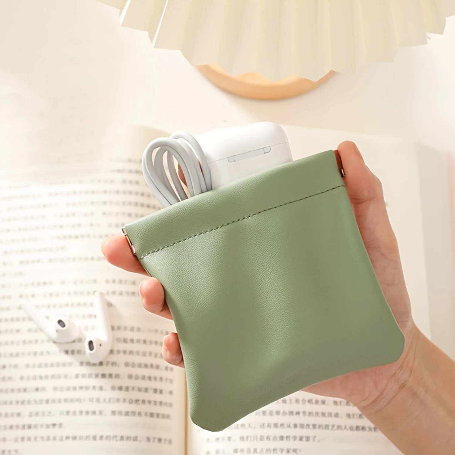 2pc Mini Faux Leather Cosmetic Bag, Automatic Closure Lipstick Air Cushion Earphone Key Bag, Senior Portable Travel Small Makeu