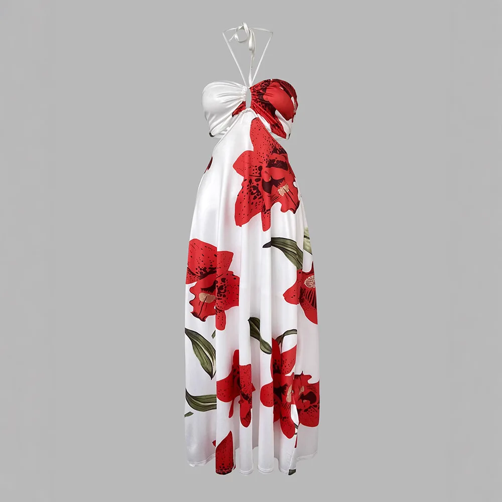 Women Floral Print Halter Sleeveless Hollow-out Front Cami Dress Casual Cutout Waist Maxi Dress