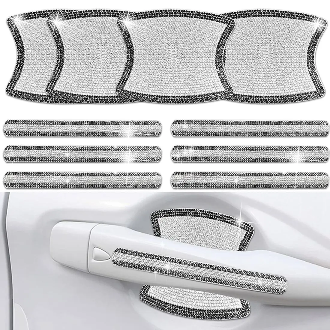 Bling Car Door Handle Protector Rhinestone Door Handle Bowl Cover Rear Mirror Trim Cute Decoration 10PCS,Silver+Black