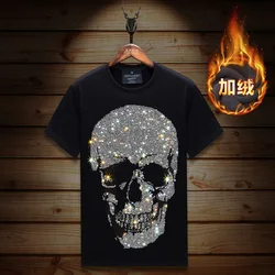 Plus Size Rhinestones Skull T Shirts Men Winter Clothes Streetwear Short Sleeve O Neck Thick Velvet Heat Tshirts Camiseta Hombre