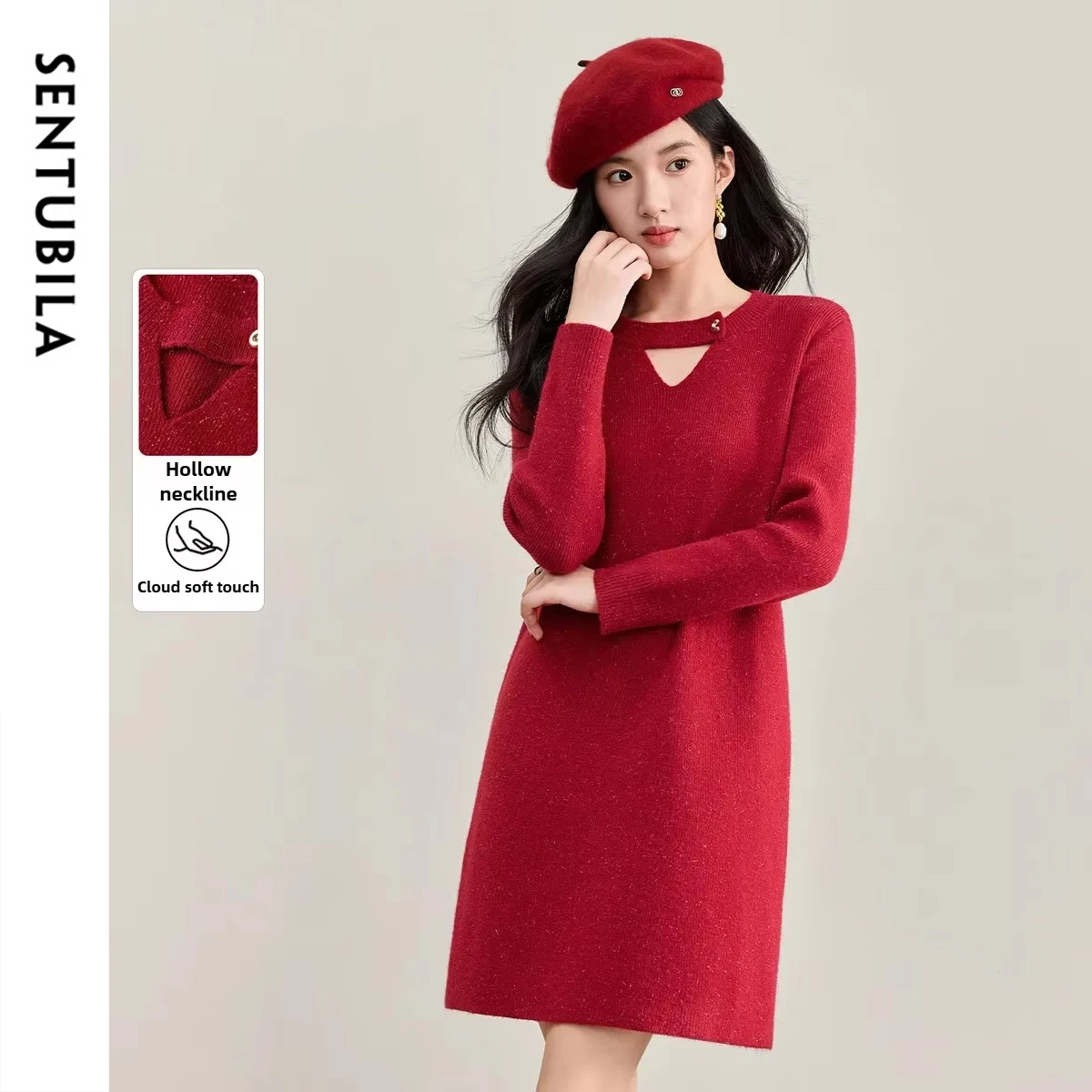 

SENTUBILA Women's Glossy Coral Fleece Dress 2025 Autumn Hollow Out O-Neck Long Sleeve Elegant Straight Midi Skirt W53LG3576