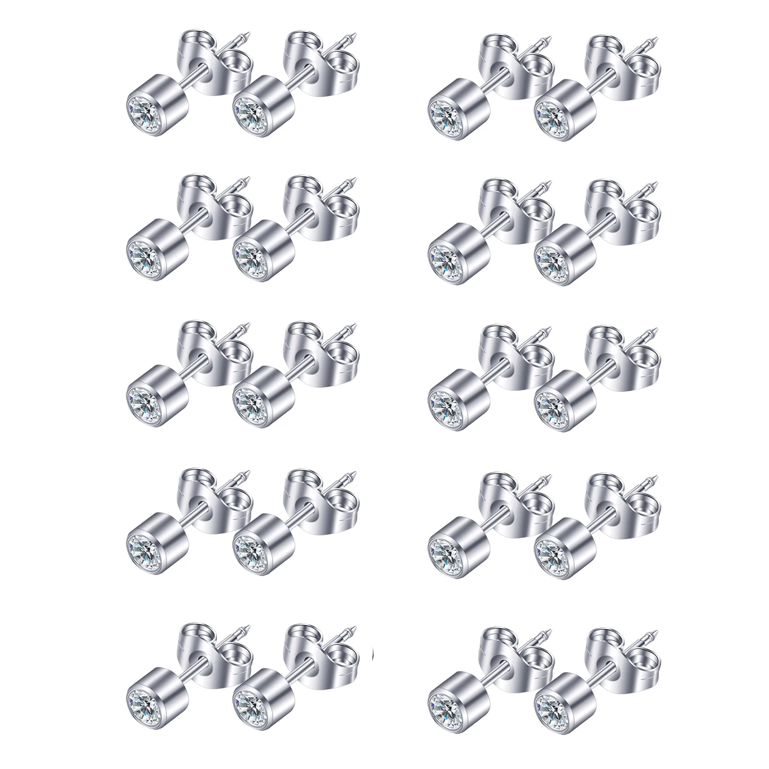 10 Pairs Stainless Steel Stud Earrings, Hypoallergenic