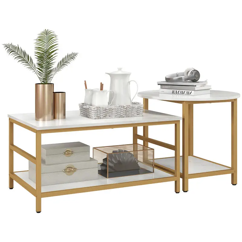 

HOMCOM Coffee Tables Set of 2, Rectangle and Round Coffee Table with Storage Shelves, Faux Marble Top, Living Room Table Set