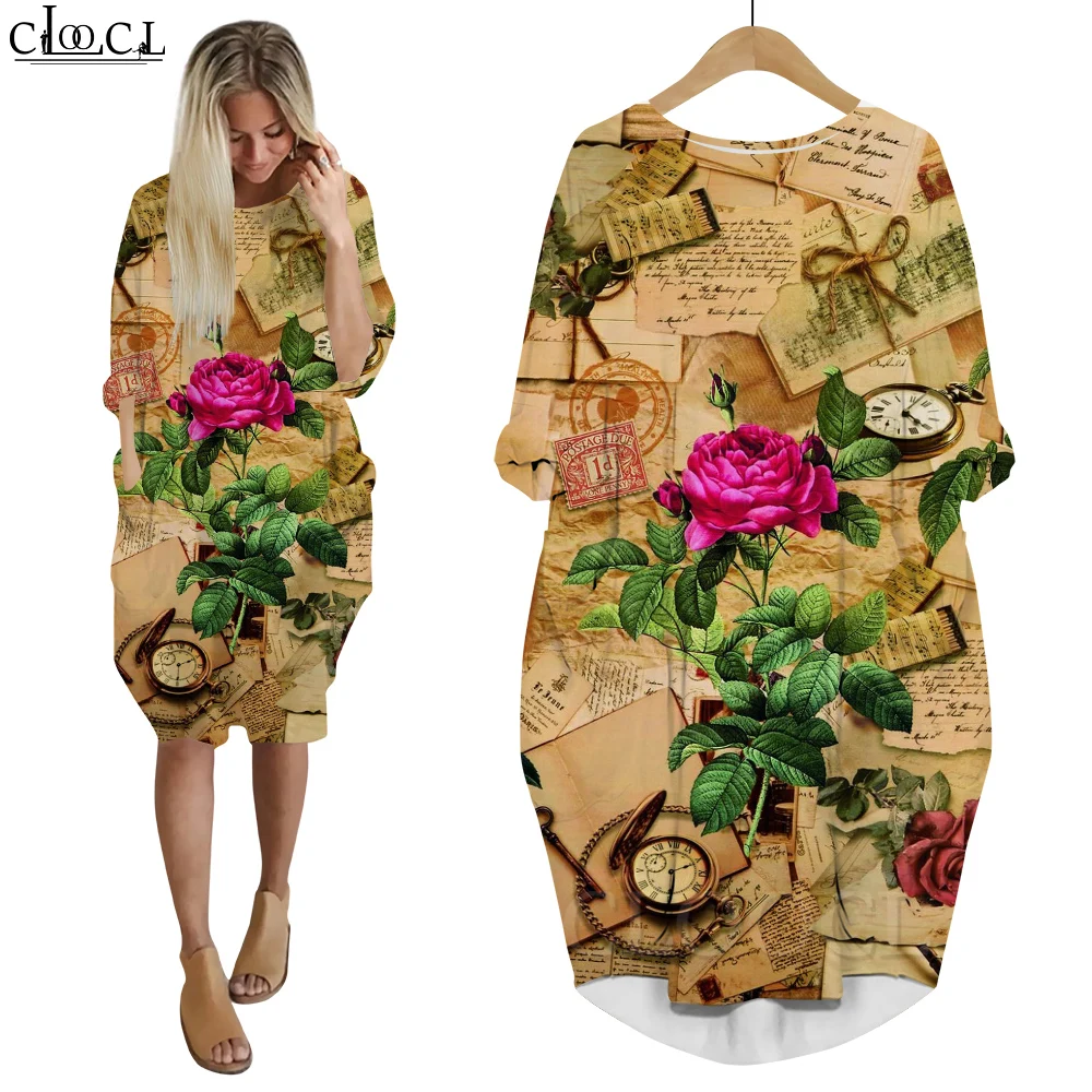 

CLOOCL Vintage Dress for Women Valentine's Day Rose Old Newspaper 3D Printed Long Sleeve Pocket Loose Casual Summer Clothing