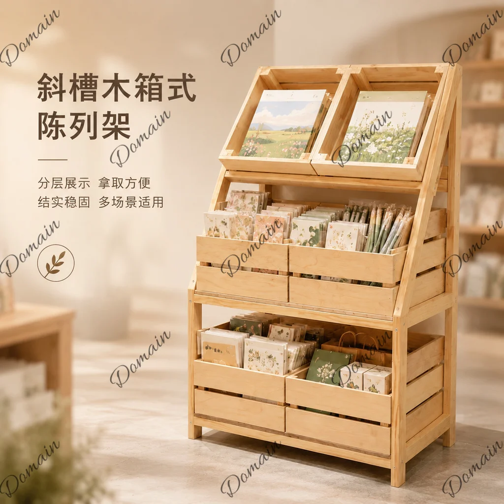 Log Wind Display Table Trapezoidal Shelf with Drawer Storage Basket Supermarket Bakery Sample Display Cabinet