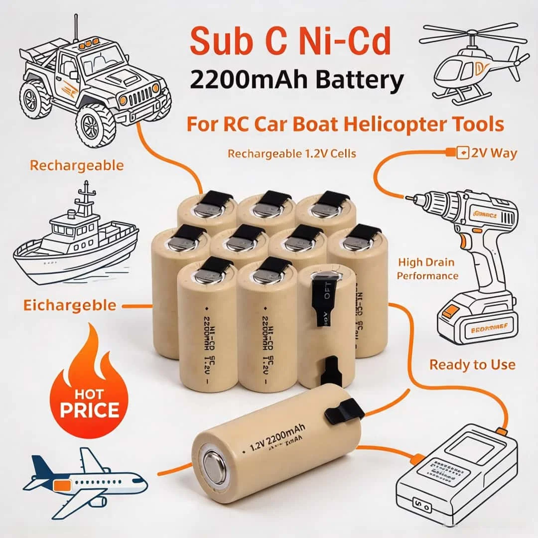 1.2V 2200mAh Sub C NiCd Rechargeable Battery With Welding Tabs, SUBC Cell For Electric Screwdriver Drill Power Tool Replacement