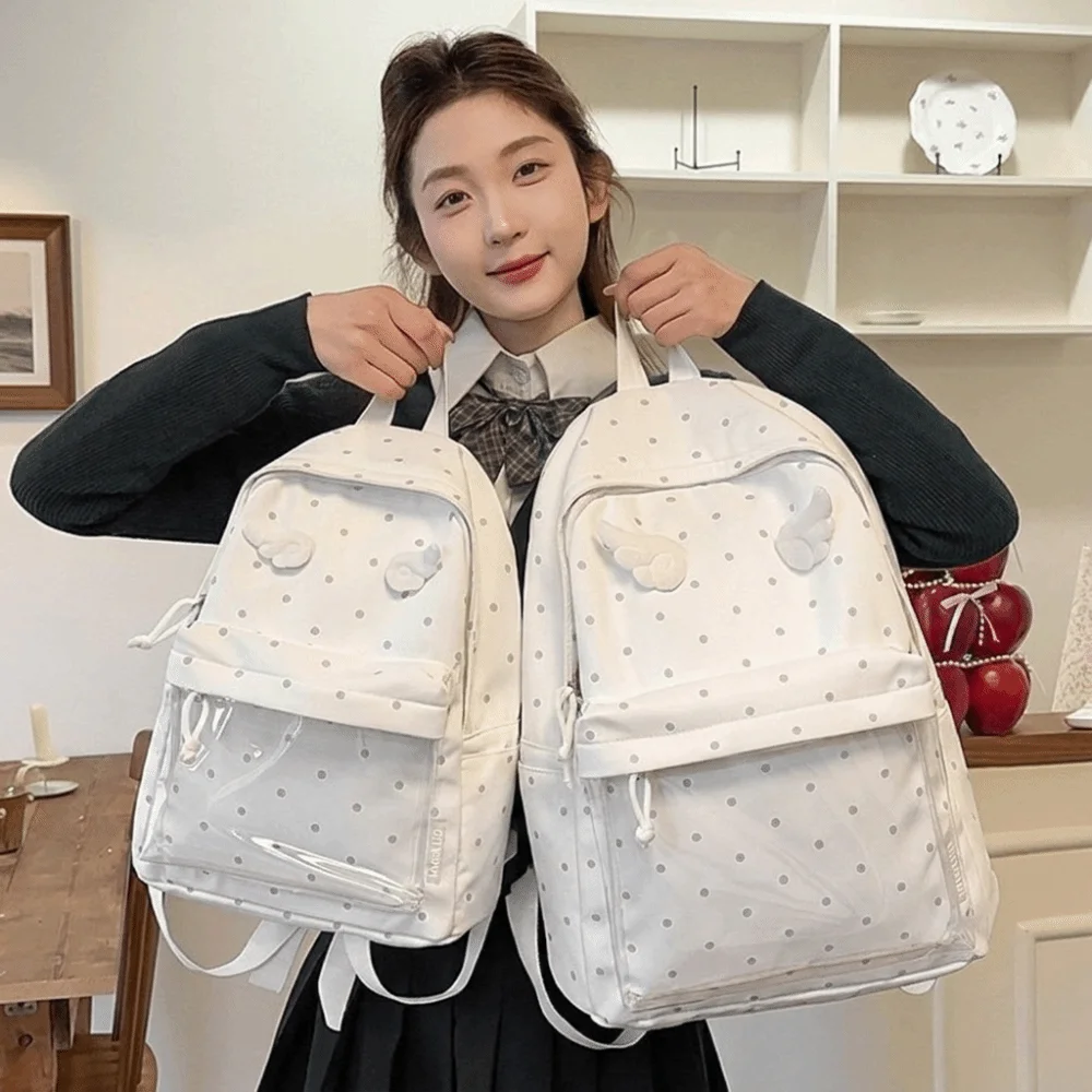 2 Sizes Polka Dot Backpack Large Capacity Polka Dot Pattern Angel Wings Backpack Transparent Pocket Laptop Backpack for Girls