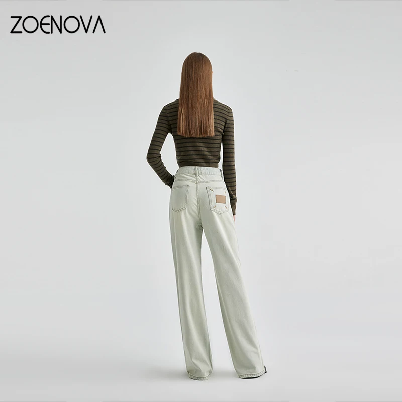 ZOENOVA Spring New Casual Women's Wide Leg Pants Street Fashion Loose Straight Denim Trousers Lady Retro Slit Full Length Jeans