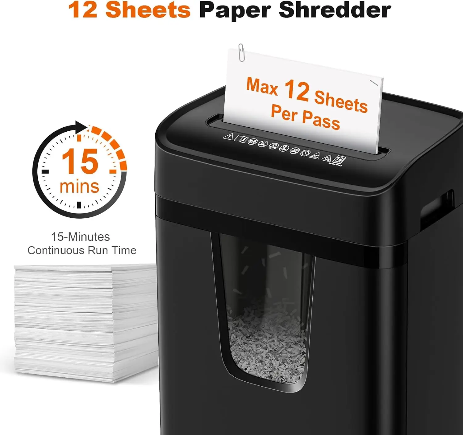 Heavy Duty Paper Shredder, Cross Cut Design, 12-Sheet Capacity, Ideal for Home Office