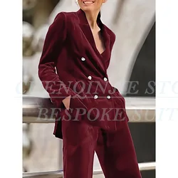Luxury Purple Women's 2 Piece Sets Suits Chic Double Breasted Peak Lapel Slim Fit Jacket Pants Outfits Velvet Office Blazer 2025